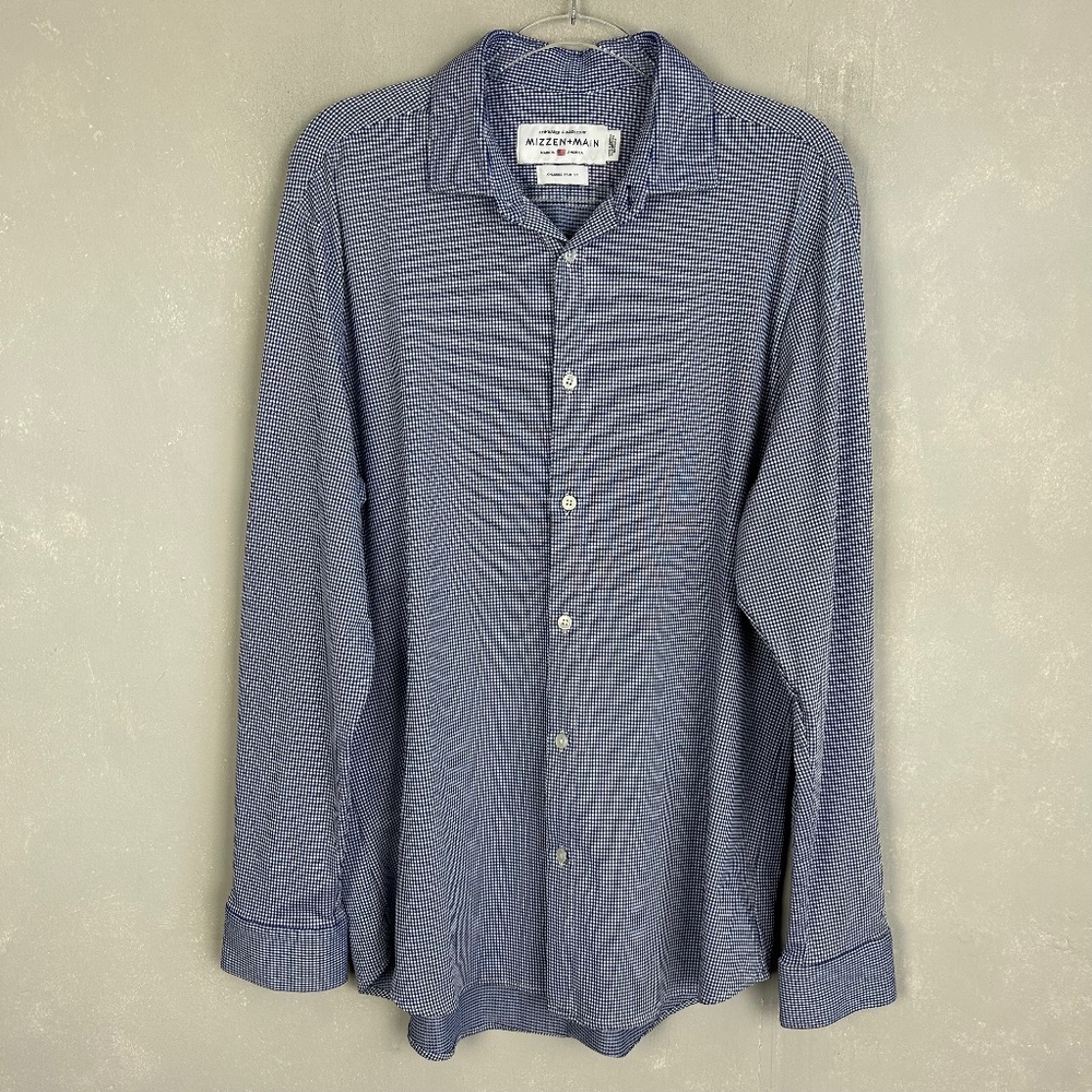 Mizzen + Main size XL long sleeve button up trim fit navy check gingham